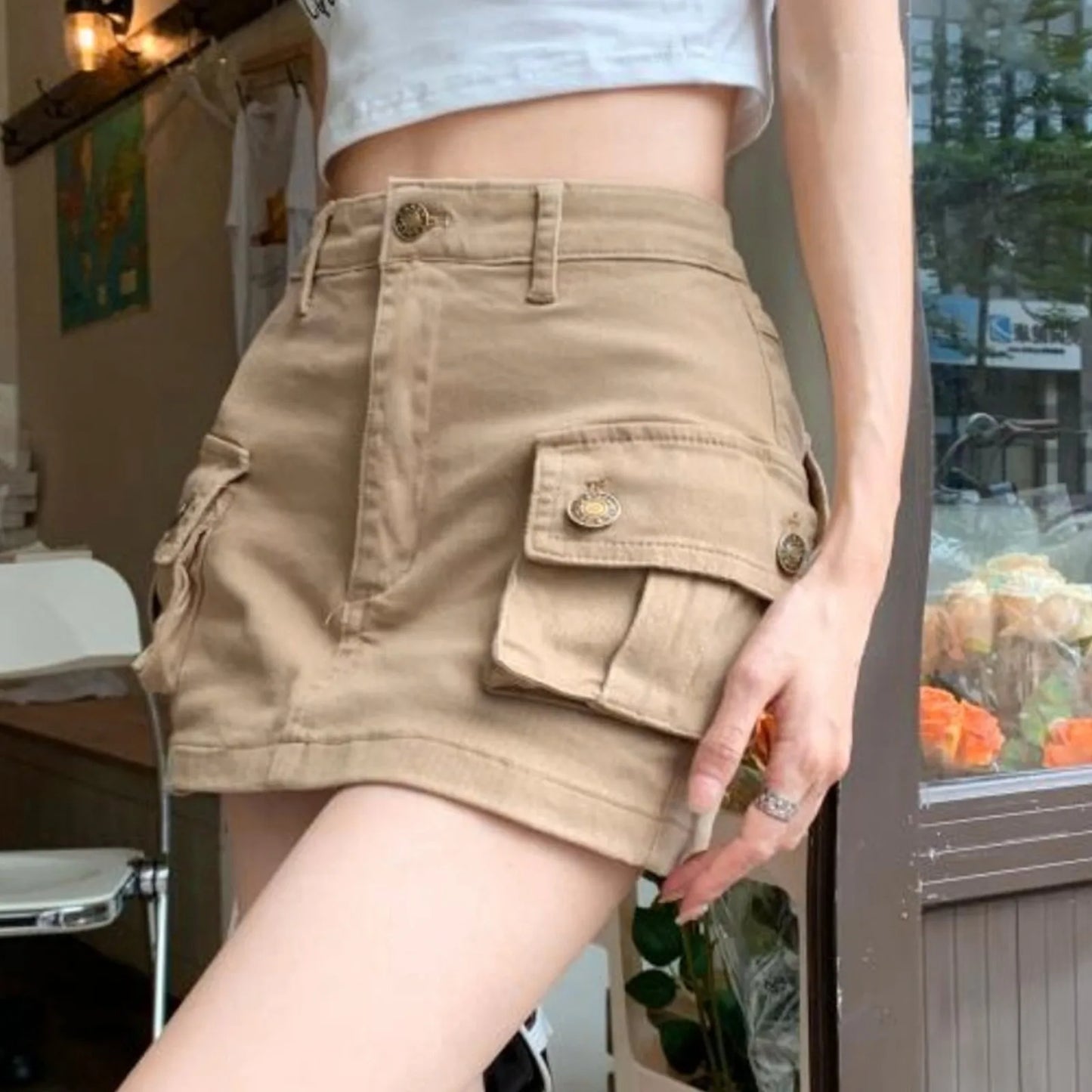 IMIEMIE Khaki Denim Cargo Mini Skirt Women Summer High Waist Wrapped Hip Skirts Female Sexy Skinny Pockets Korean Y2k Short Skirts