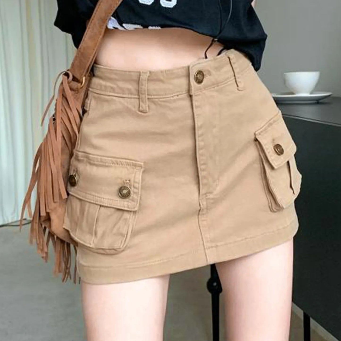 IMIEMIE Khaki Denim Cargo Mini Skirt Women Summer High Waist Wrapped Hip Skirts Female Sexy Skinny Pockets Korean Y2k Short Skirts