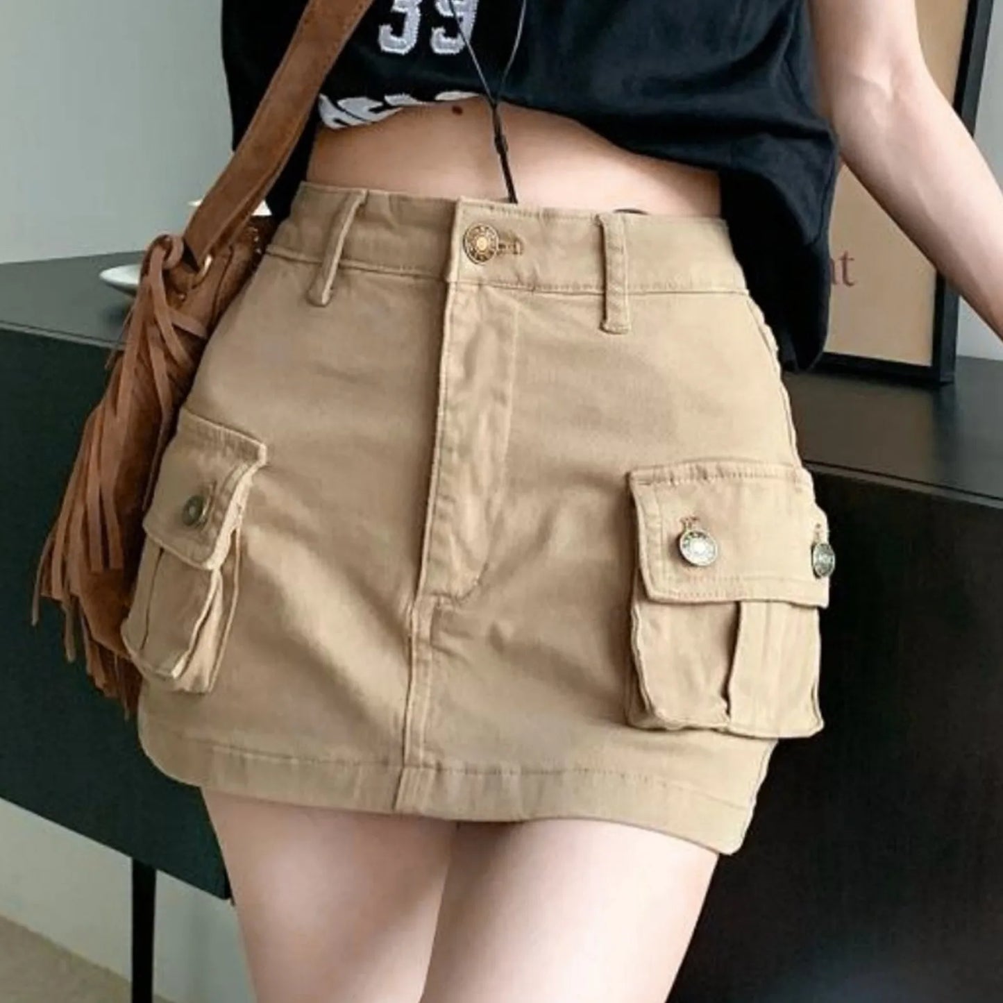 IMIEMIE Khaki Denim Cargo Mini Skirt Women Summer High Waist Wrapped Hip Skirts Female Sexy Skinny Pockets Korean Y2k Short Skirts