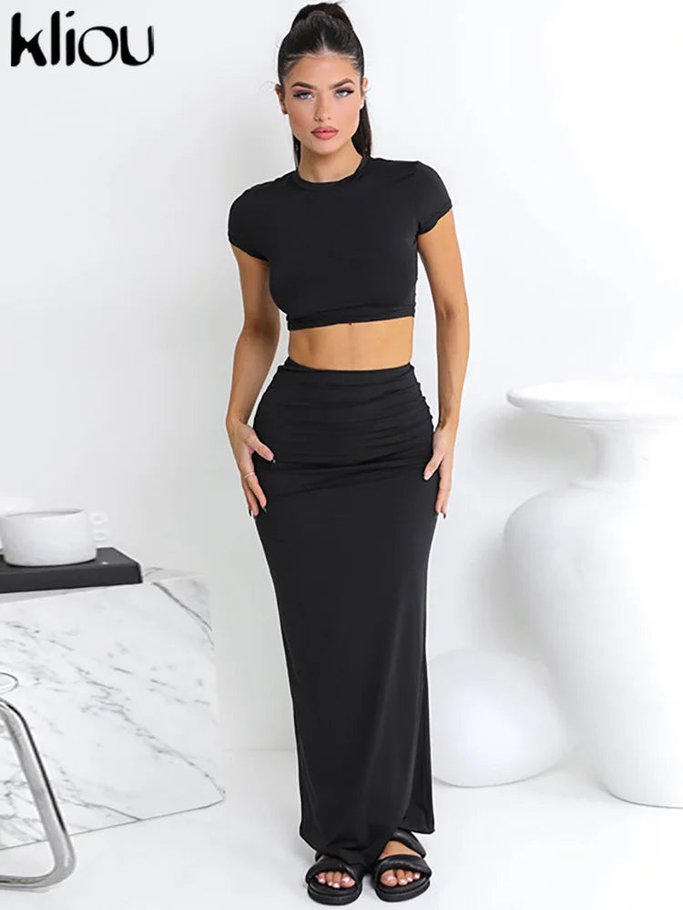 IMIEMIE Kliou Casual Solid Two Piece Set Women Hipster Short Sleeve O-neck T-shirts + Matching Hip Skirts Female Bare Midriff Streetwear