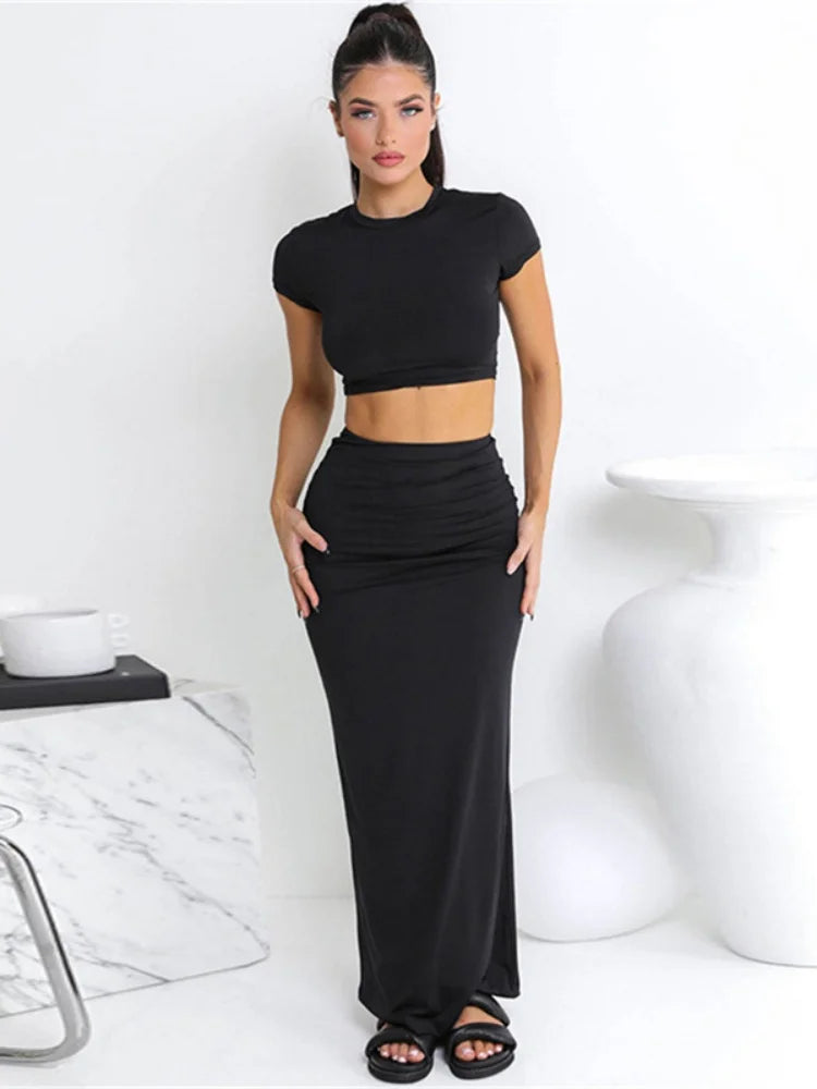 IMIEMIE Kliou Casual Solid Two Piece Set Women Hipster Short Sleeve O-neck T-shirts + Matching Hip Skirts Female Bare Midriff Streetwear