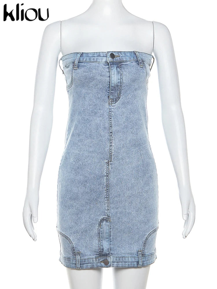 IMIEMIE Kliou Denim Fashion Mini Dress Women Summer Street Wrapped Chest Sleeveless With Buttons And Pockets Bodycon Female  Attirewear