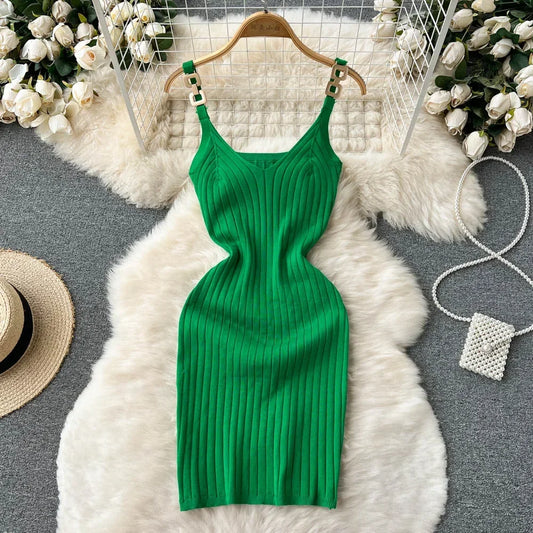 IMIEMIE Knitted Summer Women Solid Dress 2024 Slim V Neck Elegant Sexy Vacation Fashion Ladies A Line Midi Dresses