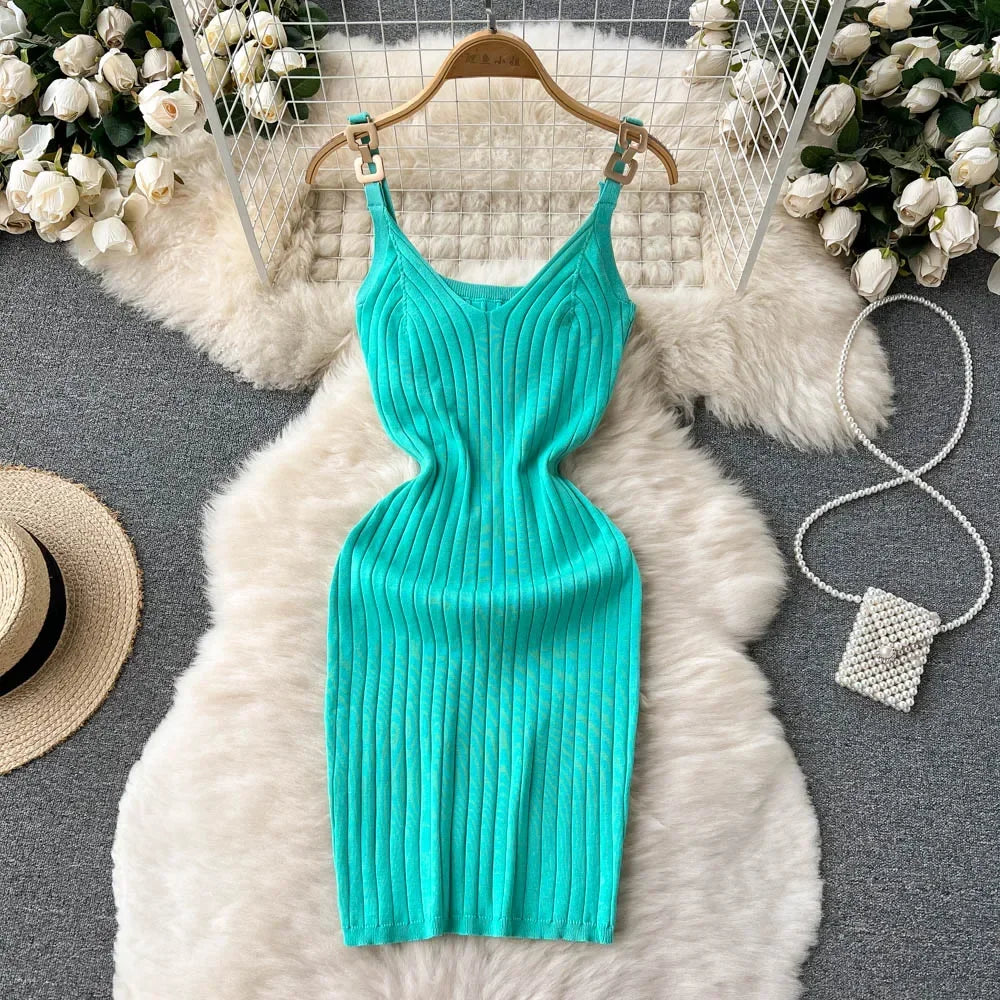 IMIEMIE Knitted Summer Women Solid Dress 2024 Slim V Neck Elegant Sexy Vacation Fashion Ladies A Line Midi Dresses