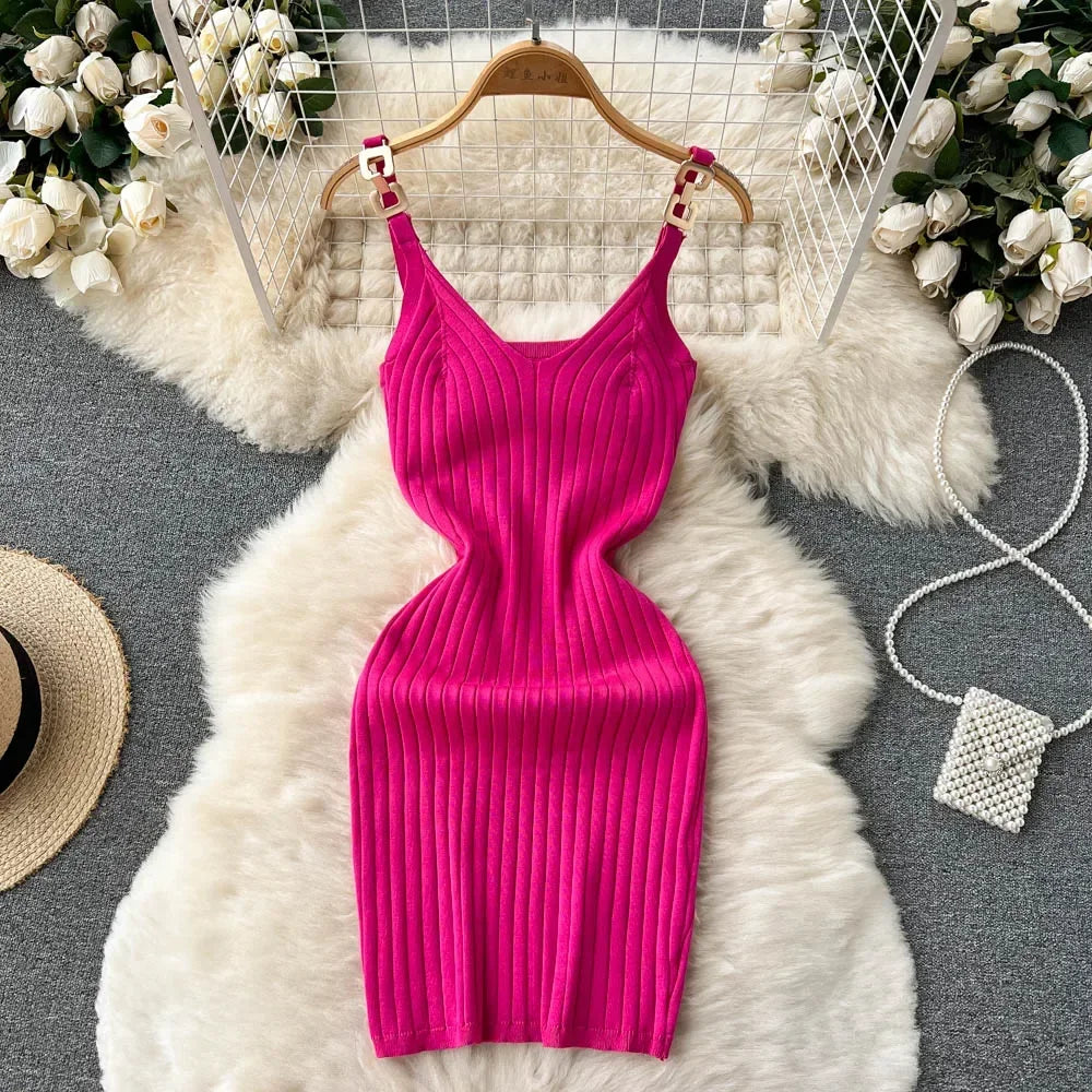 IMIEMIE Knitted Summer Women Solid Dress 2024 Slim V Neck Elegant Sexy Vacation Fashion Ladies A Line Midi Dresses