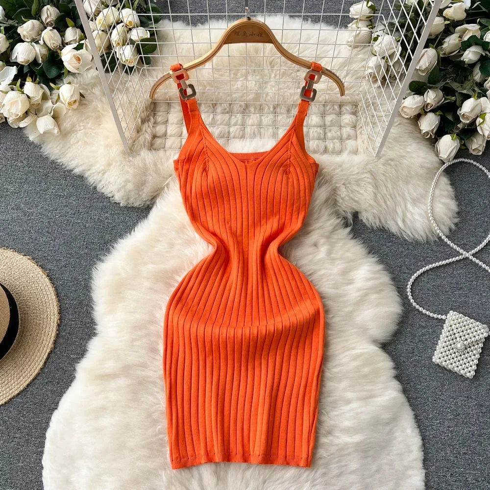 IMIEMIE Knitted Summer Women Solid Dress 2024 Slim V Neck Elegant Sexy Vacation Fashion Ladies A Line Midi Dresses