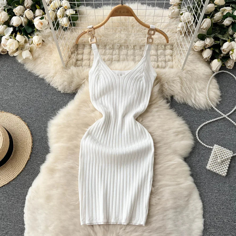 IMIEMIE Knitted Summer Women Solid Dress 2024 Slim V Neck Elegant Sexy Vacation Fashion Ladies A Line Midi Dresses