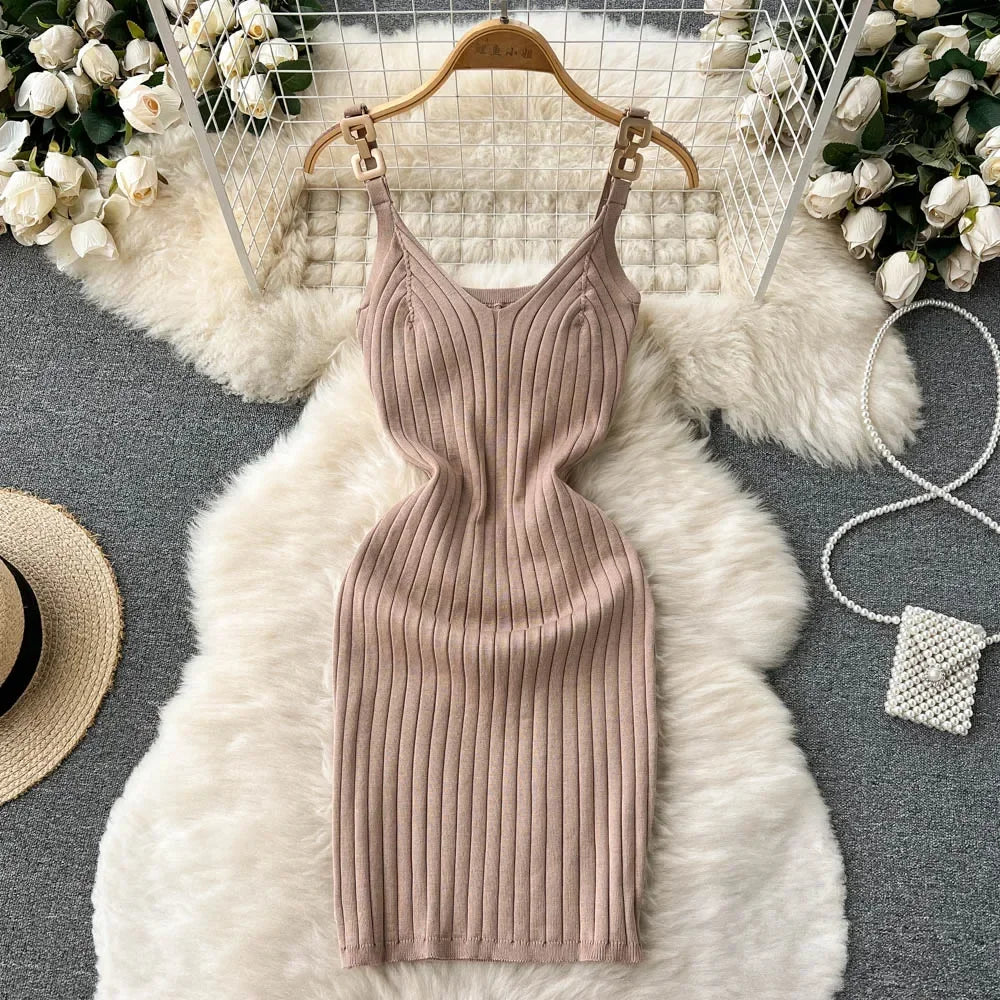 IMIEMIE Knitted Summer Women Solid Dress 2024 Slim V Neck Elegant Sexy Vacation Fashion Ladies A Line Midi Dresses