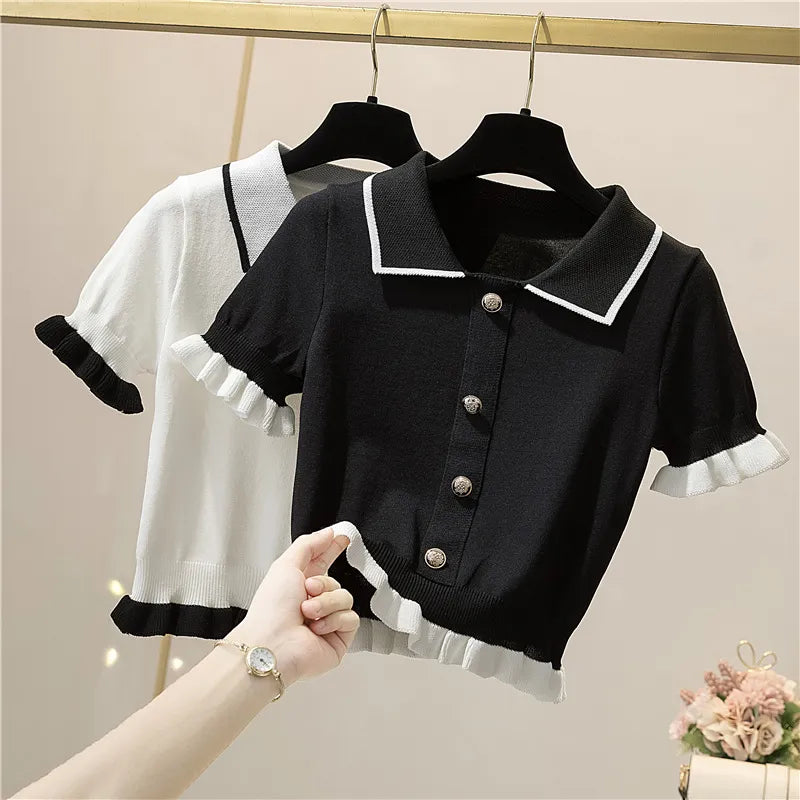 IMIEMIE Knitting Button Short Tops Tees Patchwork Y2k Shirt Clothing Women Pullovers Jumper Striped Sweater Fungus Blouse For Girls