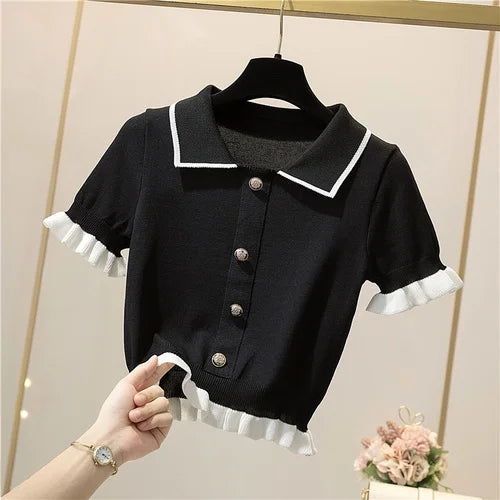 IMIEMIE Knitting Button Short Tops Tees Patchwork Y2k Shirt Clothing Women Pullovers Jumper Striped Sweater Fungus Blouse For Girls