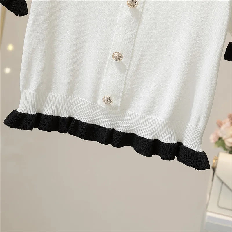 IMIEMIE Knitting Button Short Tops Tees Patchwork Y2k Shirt Clothing Women Pullovers Jumper Striped Sweater Fungus Blouse For Girls