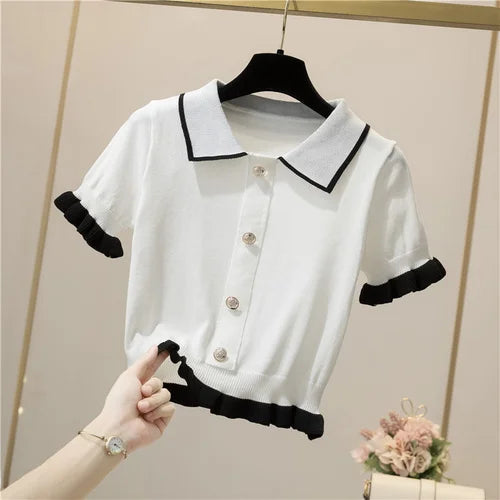 IMIEMIE Knitting Button Short Tops Tees Patchwork Y2k Shirt Clothing Women Pullovers Jumper Striped Sweater Fungus Blouse For Girls