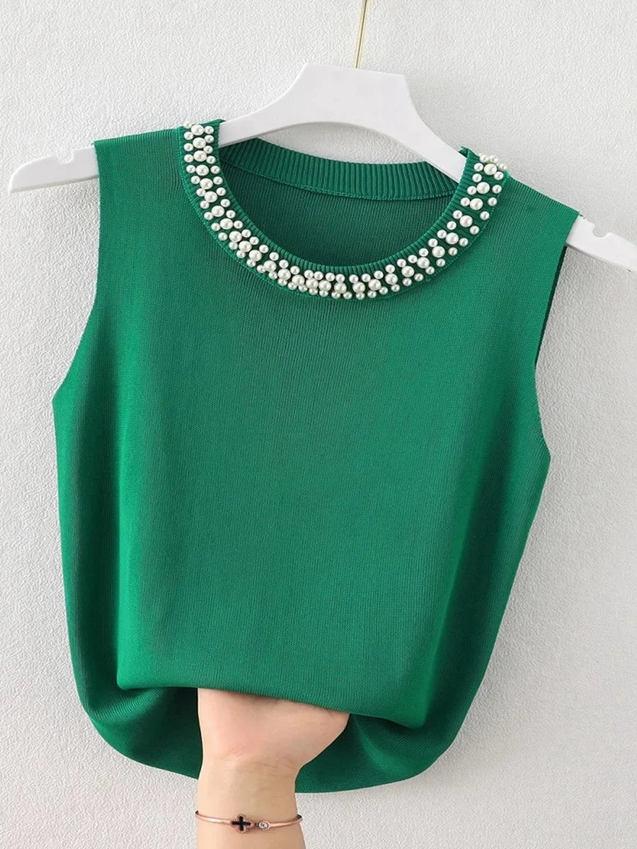 IMIEMIE Korea Knitted Vests Women Top Solid Tank Blusas Mujer De Moda Summer New Fashion Female Sleeveless Beading Casual Thin Tops