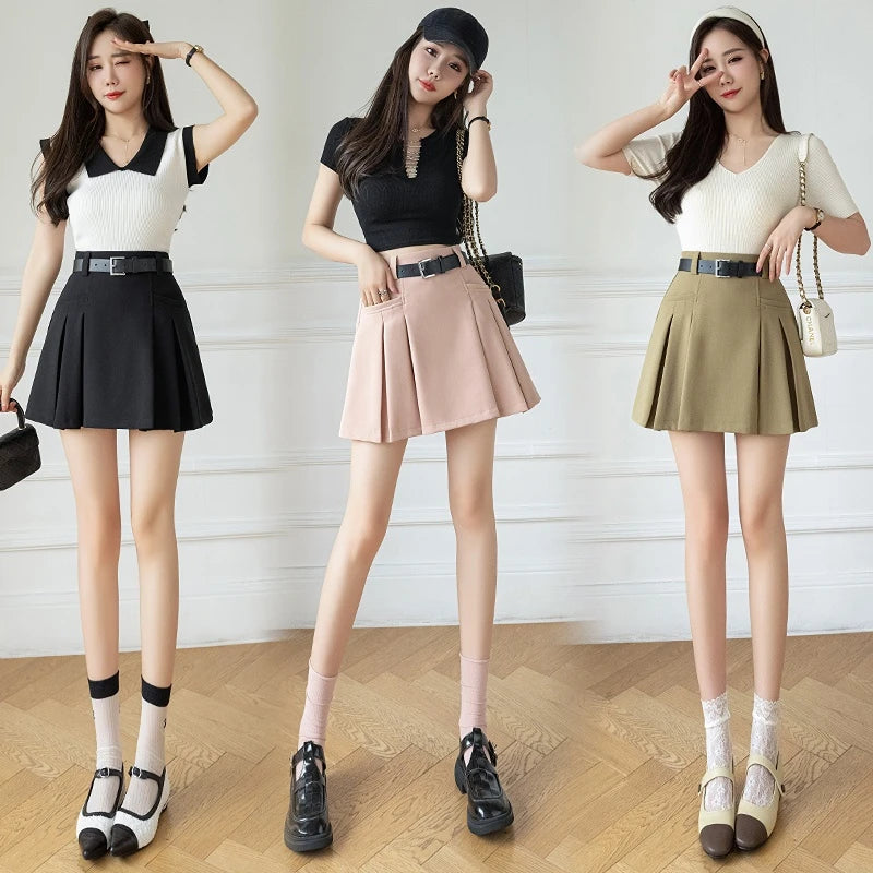 IMIEMIE Korean Cute High Waist A-line Pleated Mini Skirt Women 2024 New Spring Summer Fashion Suit Short Skirts Woman Casual Skirts