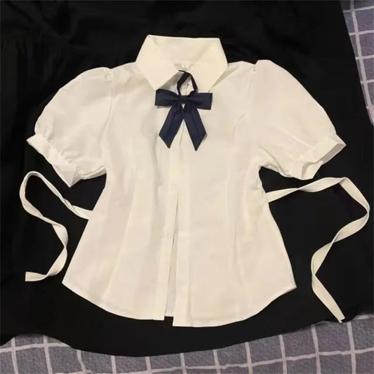 IMIEMIE Korean Fashion 2024 New Spring/Summer Sexy Girl Short Sleeve Preppy Style Slim JK Bandage Shirt Women's Bow Tie Neck Blouse Top