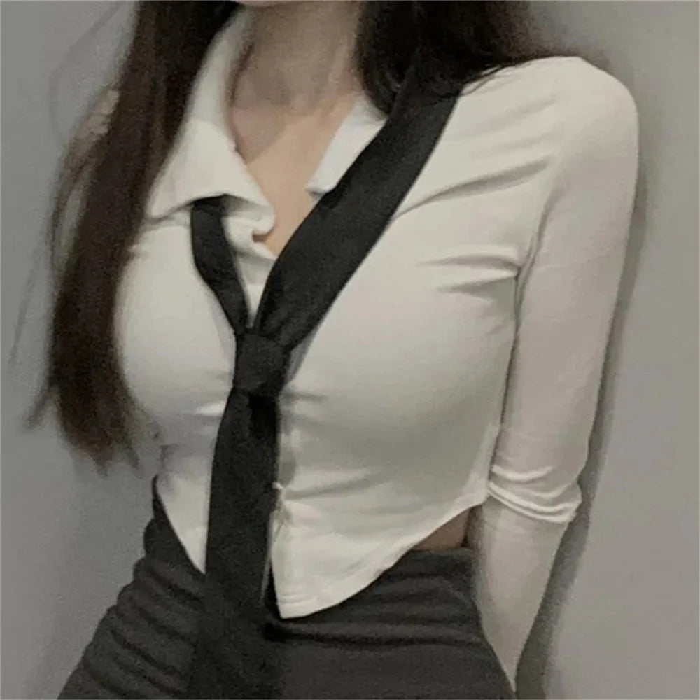 IMIEMIE Korean Fashion 2024 New Spring/Summer Sexy Girl Short Sleeve Preppy Style Slim JK Bandage Shirt Women's Bow Tie Neck Blouse Top