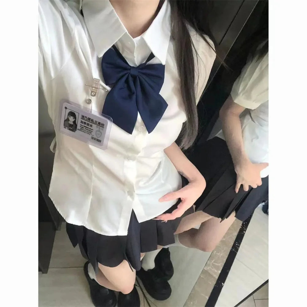 IMIEMIE Korean Fashion 2024 New Spring/Summer Sexy Girl Short Sleeve Preppy Style Slim JK Bandage Shirt Women's Bow Tie Neck Blouse Top