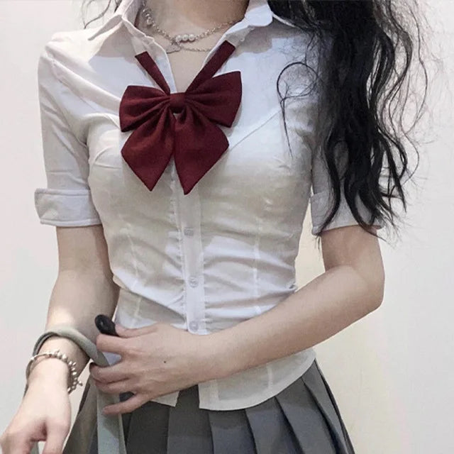 IMIEMIE Korean Fashion 2024 New Spring/Summer Sexy Girl Short Sleeve Preppy Style Slim JK Bandage Shirt Women's Bow Tie Neck Blouse Top