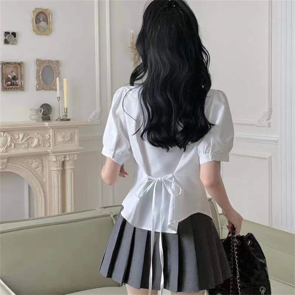 IMIEMIE Korean Fashion 2024 New Spring/Summer Sexy Girl Short Sleeve Preppy Style Slim JK Bandage Shirt Women's Bow Tie Neck Blouse Top