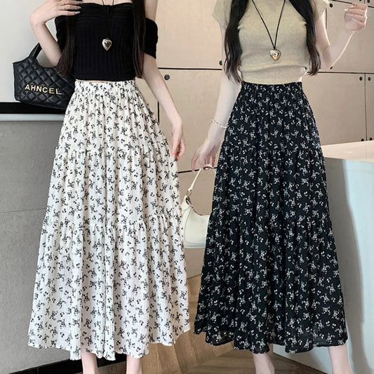 IMIEMIE Korean Fashion Floral Print Skirt Women 2024 Summer New Elegant Black Long Skirt Female A-line Drap Beach Holdiay Faldas Mujer