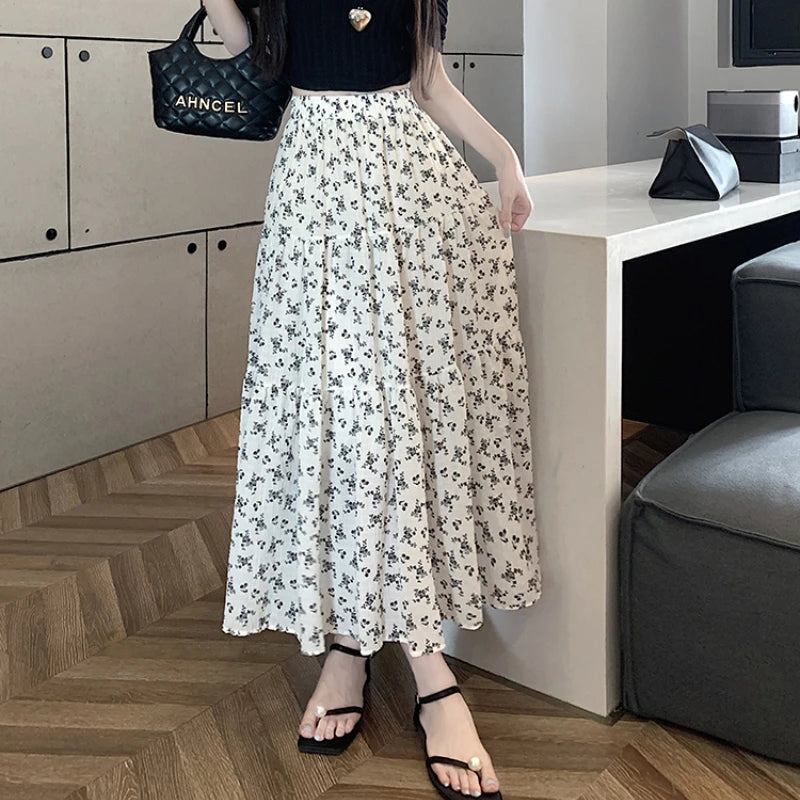 IMIEMIE Korean Fashion Floral Print Skirt Women 2024 Summer New Elegant Black Long Skirt Female A-line Drap Beach Holdiay Faldas Mujer