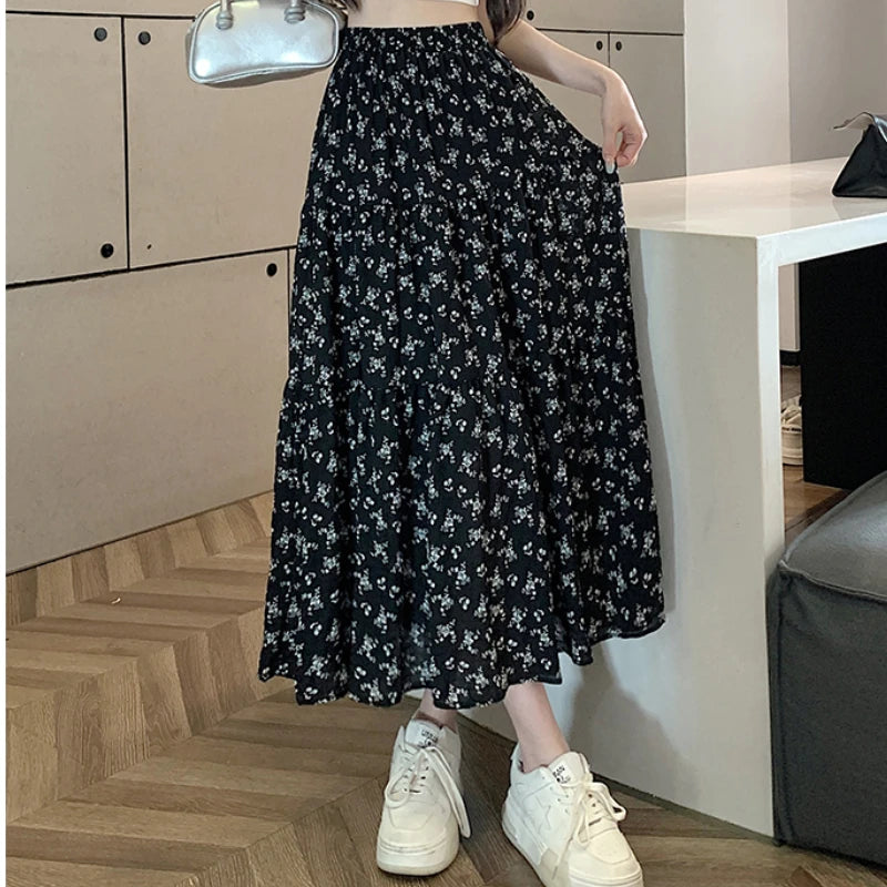 IMIEMIE Korean Fashion Floral Print Skirt Women 2024 Summer New Elegant Black Long Skirt Female A-line Drap Beach Holdiay Faldas Mujer