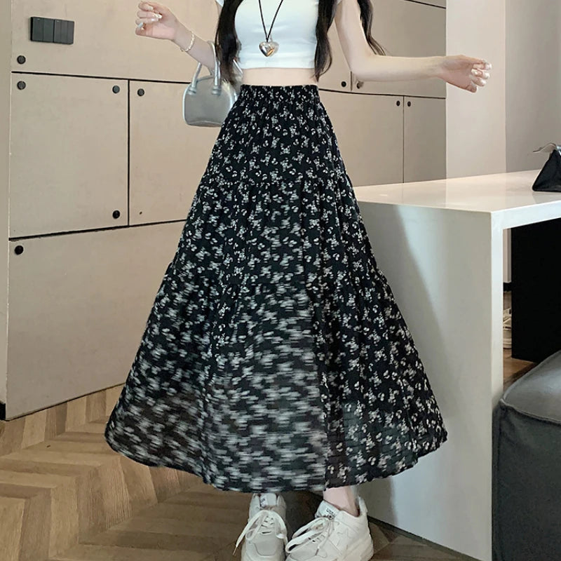 IMIEMIE Korean Fashion Floral Print Skirt Women 2024 Summer New Elegant Black Long Skirt Female A-line Drap Beach Holdiay Faldas Mujer