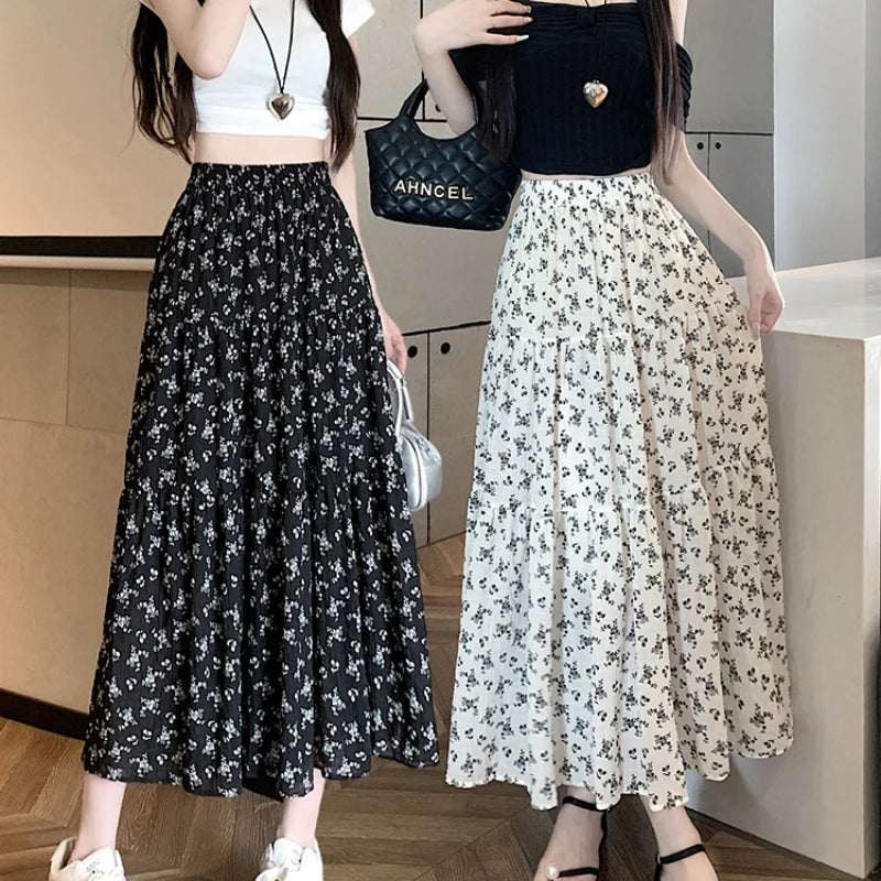 IMIEMIE Korean Fashion Floral Print Skirt Women 2024 Summer New Elegant Black Long Skirt Female A-line Drap Beach Holdiay Faldas Mujer