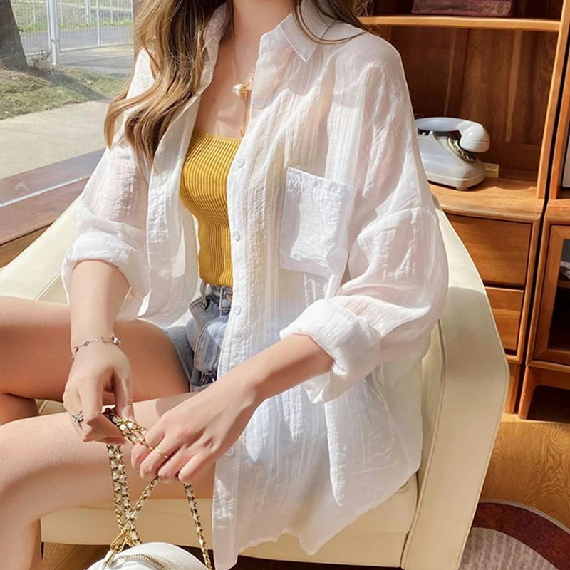 IMIEMIE Korean Fashion Long Sleeve Chiffon Shirt Women 2024 Loose Turn Down Collar Sun Protection Shirts Woma Thin Summer Coat Female