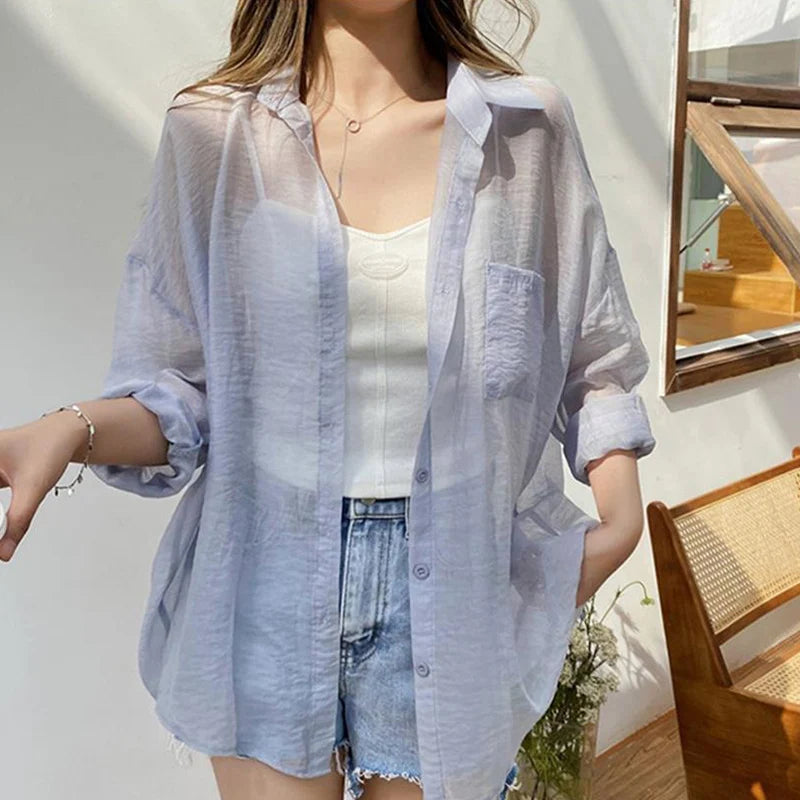 IMIEMIE Korean Fashion Long Sleeve Chiffon Shirt Women 2024 Loose Turn Down Collar Sun Protection Shirts Woma Thin Summer Coat Female