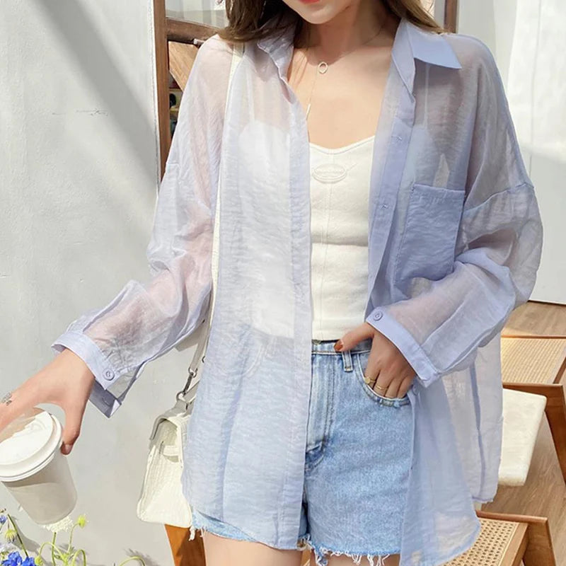 IMIEMIE Korean Fashion Long Sleeve Chiffon Shirt Women 2024 Loose Turn Down Collar Sun Protection Shirts Woma Thin Summer Coat Female