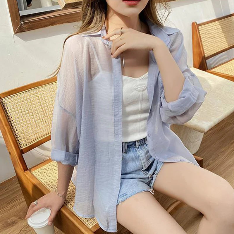 IMIEMIE Korean Fashion Long Sleeve Chiffon Shirt Women 2024 Loose Turn Down Collar Sun Protection Shirts Woma Thin Summer Coat Female