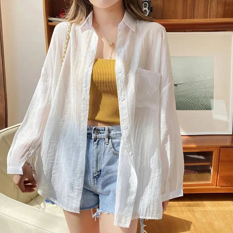 IMIEMIE Korean Fashion Long Sleeve Chiffon Shirt Women 2024 Loose Turn Down Collar Sun Protection Shirts Woma Thin Summer Coat Female