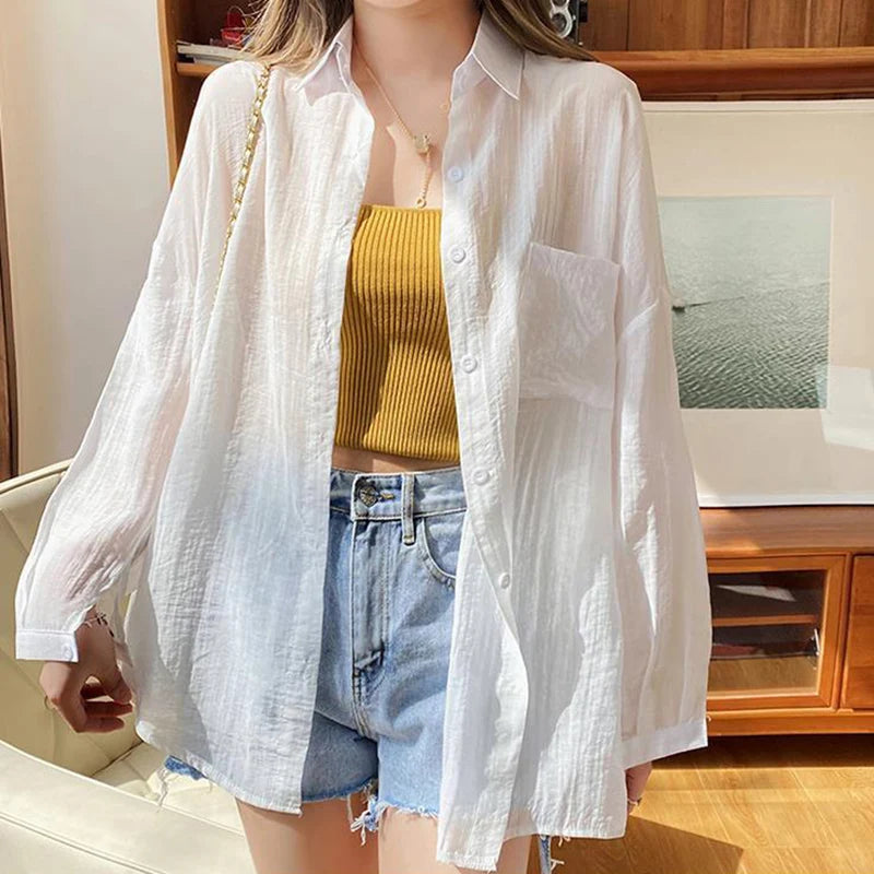 IMIEMIE Korean Fashion Long Sleeve Chiffon Shirt Women 2024 Loose Turn Down Collar Sun Protection Shirts Woma Thin Summer Coat Female