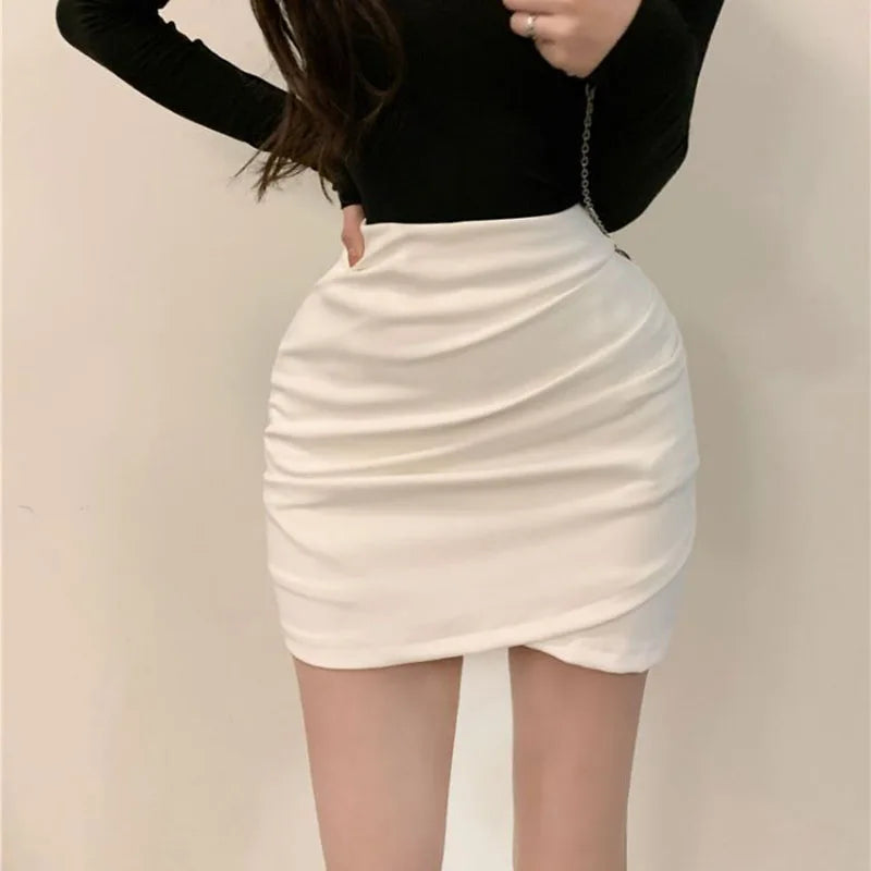 IMIEMIE Korean High Waist Mini Skirt Women 2024 Summer Sexy Slim Hip Wrap Pencil Skirt Woman Irregular Pleats Solid Color Short Skirts