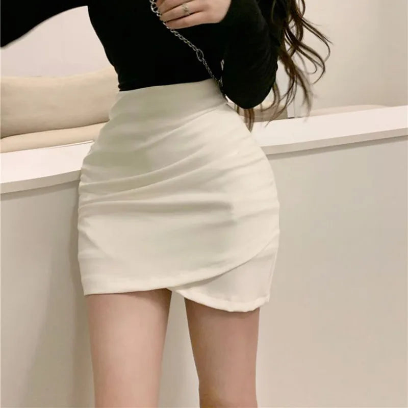 IMIEMIE Korean High Waist Mini Skirt Women 2024 Summer Sexy Slim Hip Wrap Pencil Skirt Woman Irregular Pleats Solid Color Short Skirts