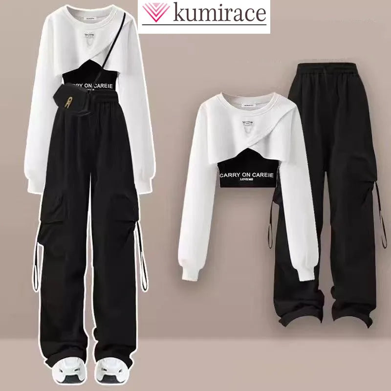 IMIEMIE Korean Style Patchwork Long Sleeved T-shirt Work Pants Wide Leg Pants Two-piece Casual Student Pants Set Autumn Outfits