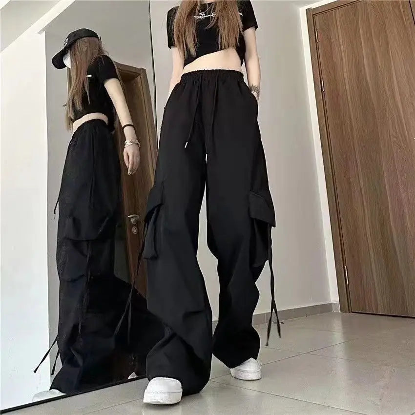 IMIEMIE Korean Style Patchwork Long Sleeved T-shirt Work Pants Wide Leg Pants Two-piece Casual Student Pants Set Autumn Outfits