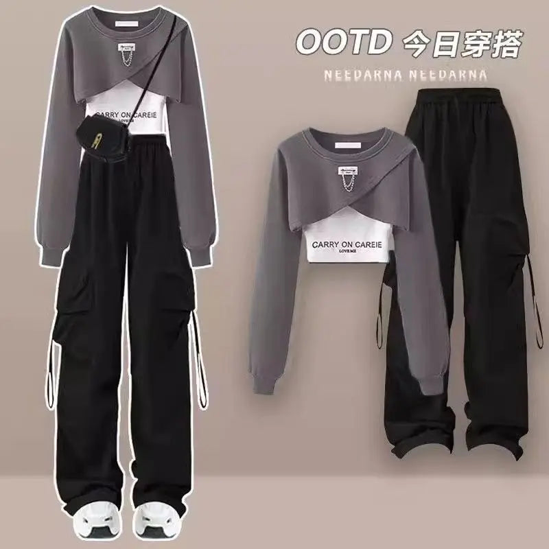 IMIEMIE Korean Style Patchwork Long Sleeved T-shirt Work Pants Wide Leg Pants Two-piece Casual Student Pants Set Autumn Outfits