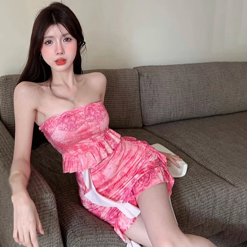 IMIEMIE Korean Version Of The Summer Fashion Sexy Printing Wrap Chest Undershirt Thin Irregular Ruffled Half-body Skirt Two-piece Set