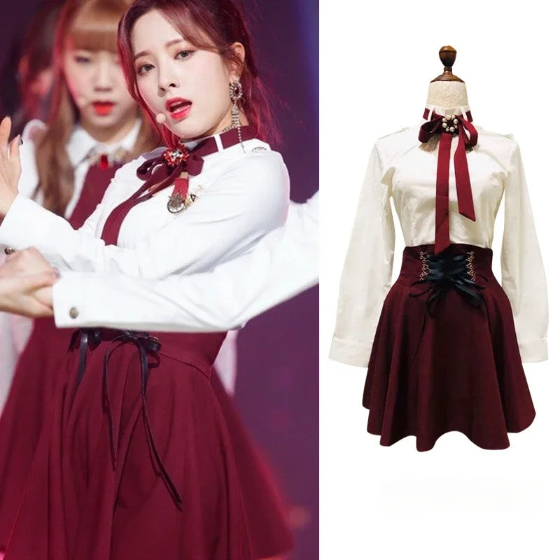 IMIEMIE Kpop Korean Singer Concert Sexy Women White Slim Long Sleeve Lapel Blouses Crop Tops High Waist Lace-up Skirt New Dance Outfits