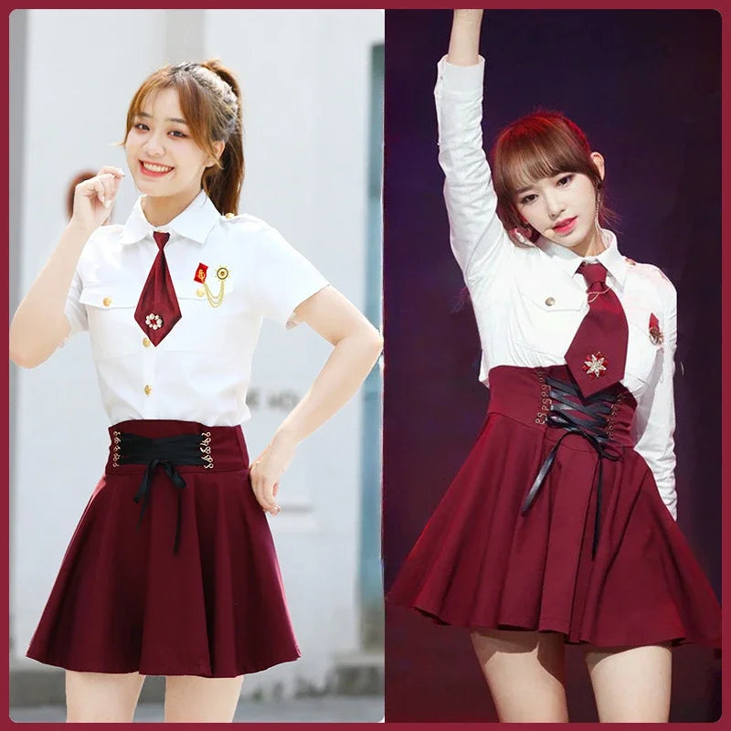 IMIEMIE Kpop Korean Singer Concert Sexy Women White Slim Long Sleeve Lapel Blouses Crop Tops High Waist Lace-up Skirt New Dance Outfits