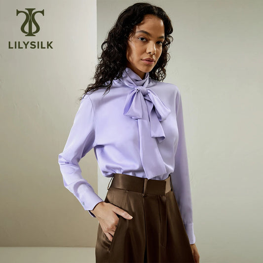 IMIEMIE LILYSILK Silk Blouse for Women 2024 Spring Edition Neckline Ribbon Turtleneck Top Cuff Shell Button Luxury Shirt Free Shipping