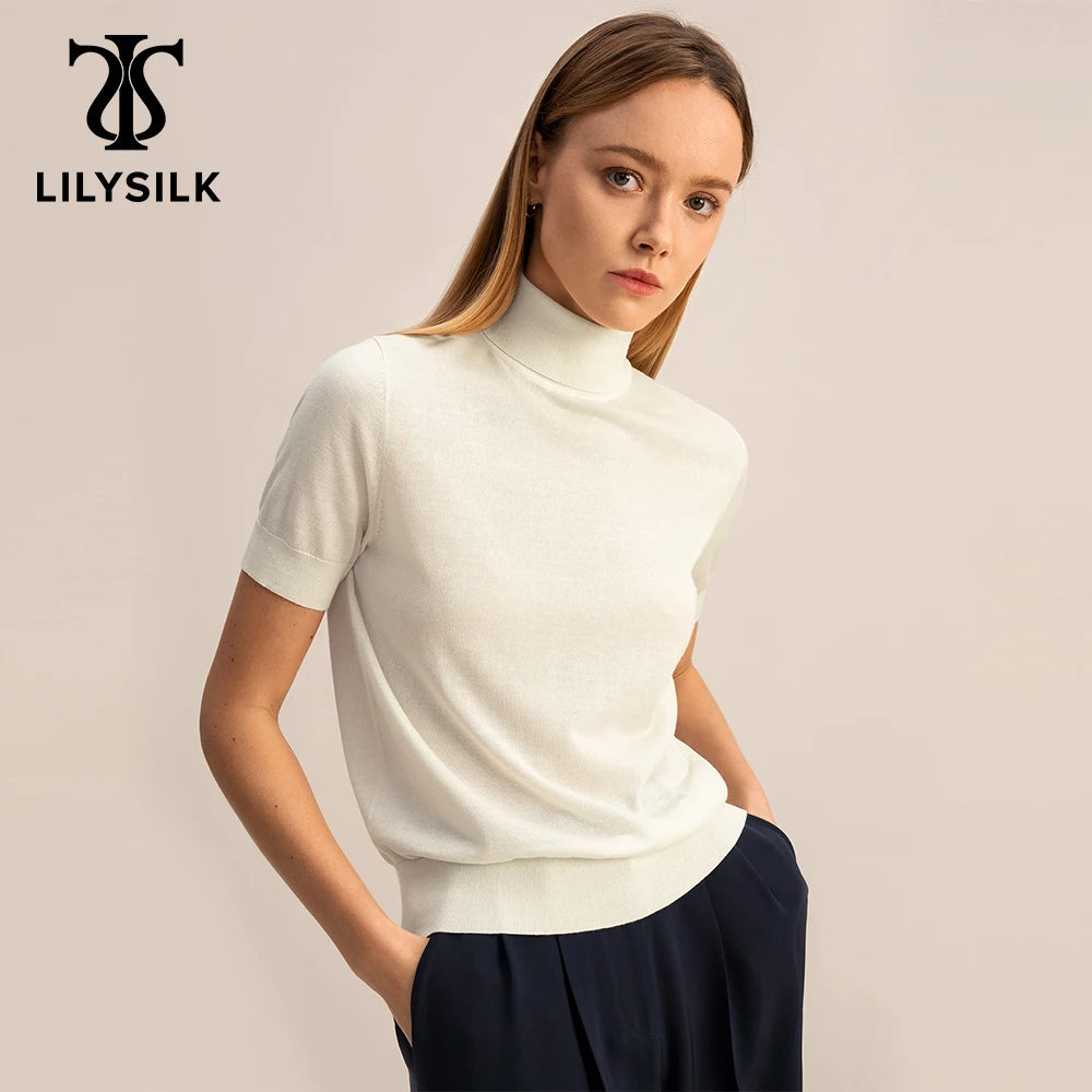 IMIEMIE LILYSILK Silk Knitted Sweater for Women 2024 Spring New  Elegant Short Sleeve Turtleneck Top Lady Essentials Free Shipping