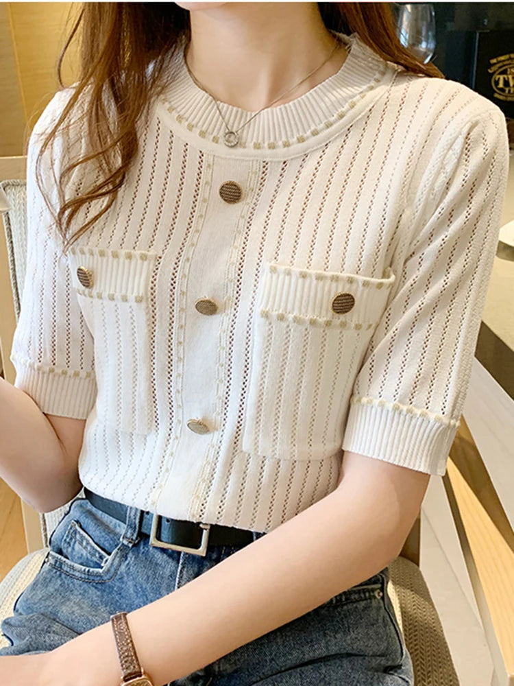 IMIEMIE LJSXLS White Tshirt Women Summer 2024 Short Sleeve Top Ladies  Pockets Basic T Shirts Knitted Casual Clothes Tee Shirt Femme