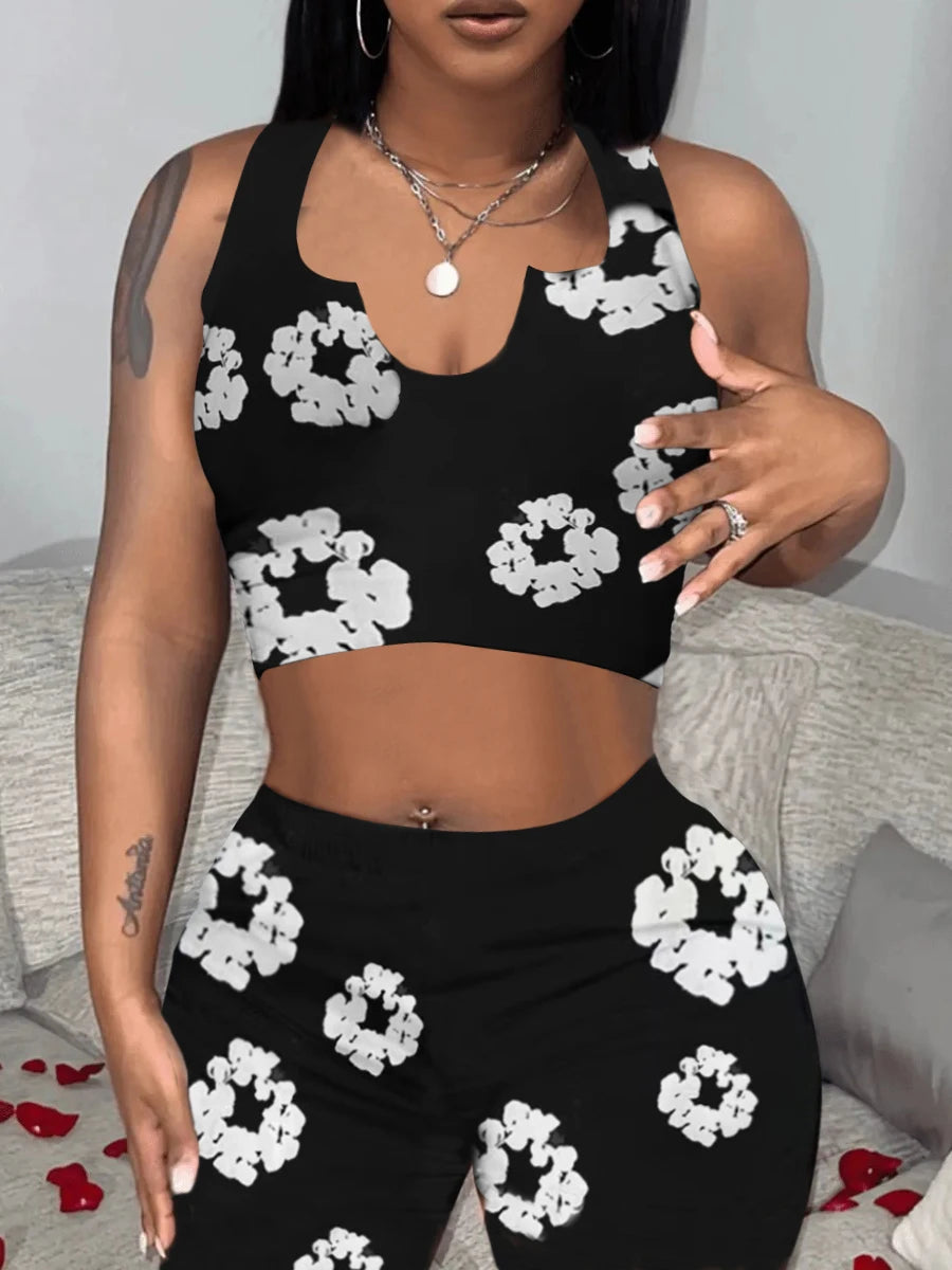 IMIEMIE LW Cami Floral Print Shorts Set Women y2k Two Pieces Outfits Crop Top Cami Shirts High Waist Shorts Sexy Causal Clothes Sets