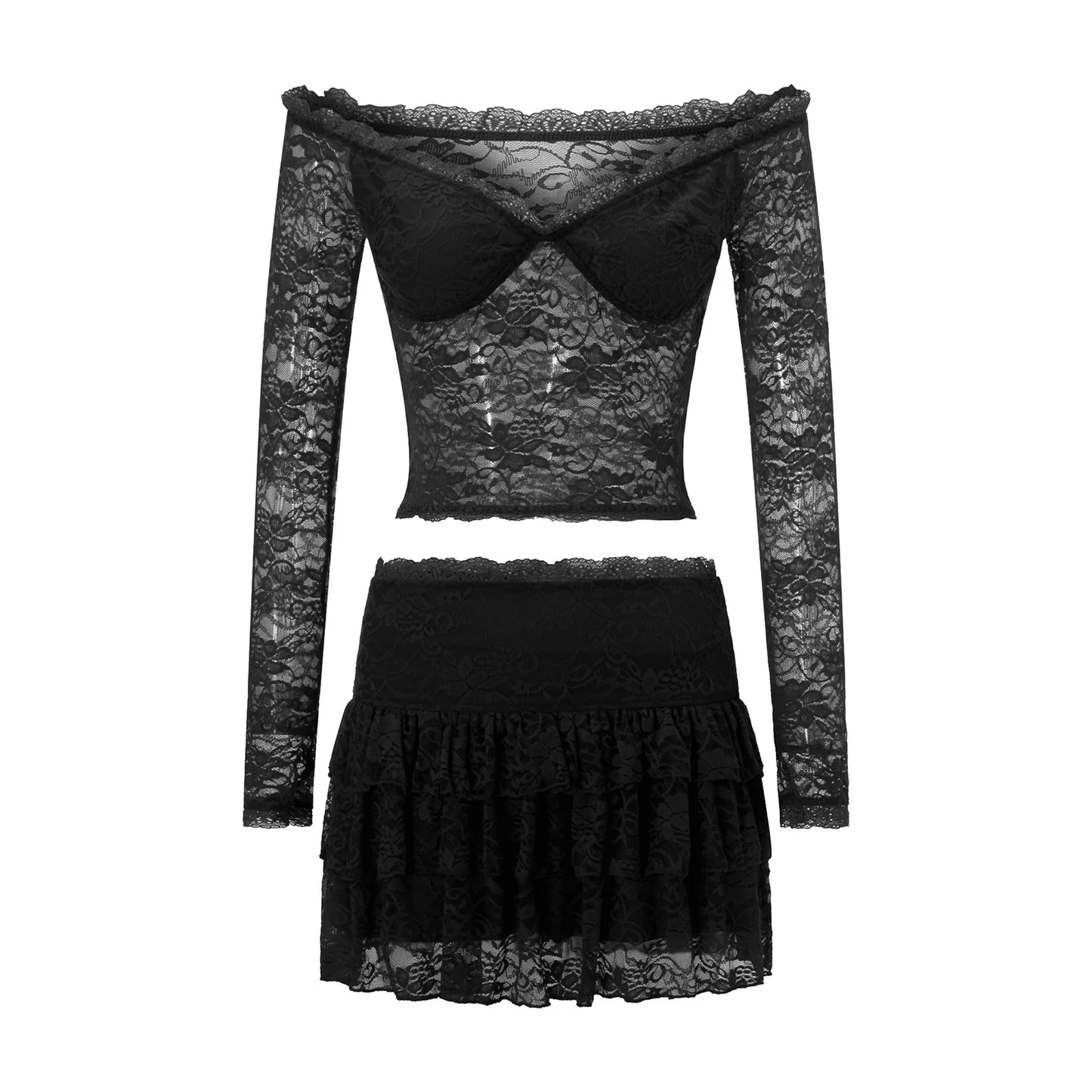 IMIEMIE Lace Trim Two Piece Outfits for Women Off Shoulder Crop Tops T-shirts Short Mini Skirt y2k 2 Piece Skirts Sets Beach Wear