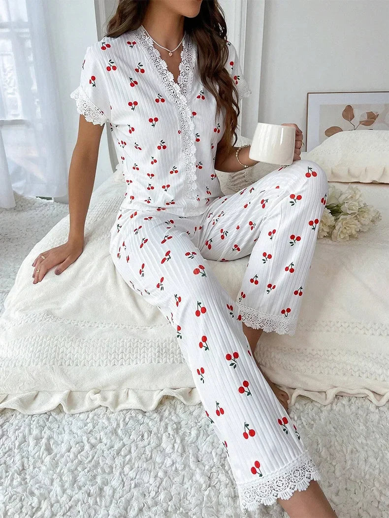 IMIEMIE Lace Trim Women Pajama Set Short Sleeve Front Button Top & Full-Length Pants Cherry Print 2 Pieces Sleepwear Nightwear Homewear