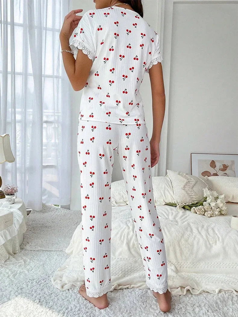 IMIEMIE Lace Trim Women Pajama Set Short Sleeve Front Button Top & Full-Length Pants Cherry Print 2 Pieces Sleepwear Nightwear Homewear