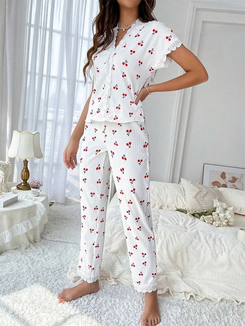 IMIEMIE Lace Trim Women Pajama Set Short Sleeve Front Button Top & Full-Length Pants Cherry Print 2 Pieces Sleepwear Nightwear Homewear